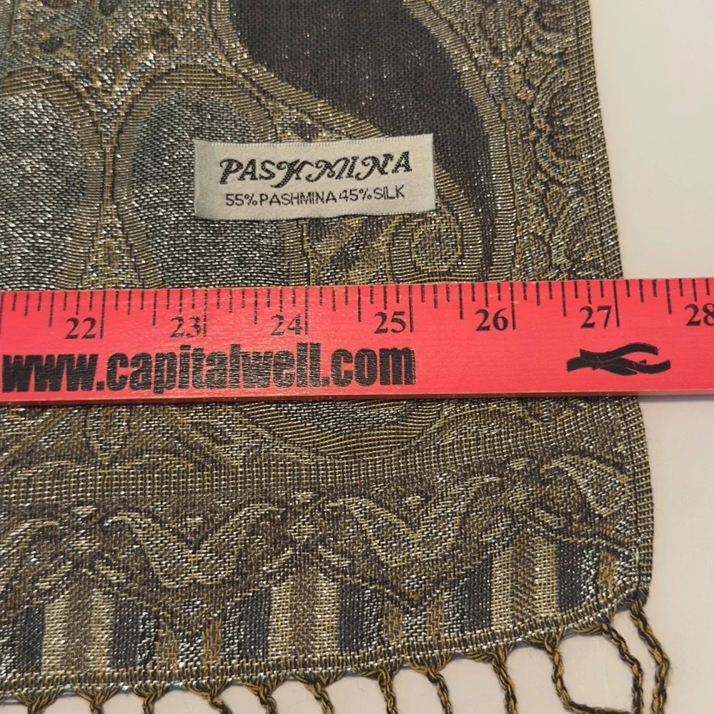 Pashmina Silk Paisley Scarf Gold Bronze Grey Metallic Jacquard Fringe Wrap Shawl - Picture 5 of 9
